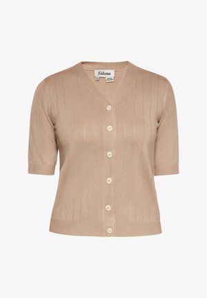 Beige Strickjacke mit kurzen Ärmeln und V-Ausschnitt, gestrickte Textur, vertikales Rippenmuster und fünf cremefarbene Knöpfe auf der Vorderseite. Hergestellt aus weichem Material.