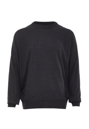Dunkelgrauer, oversized Pullover aus weichem Stoff, mit Rundhalsausschnitt, langen Ärmeln sowie gerippten Bündchen und Saum.