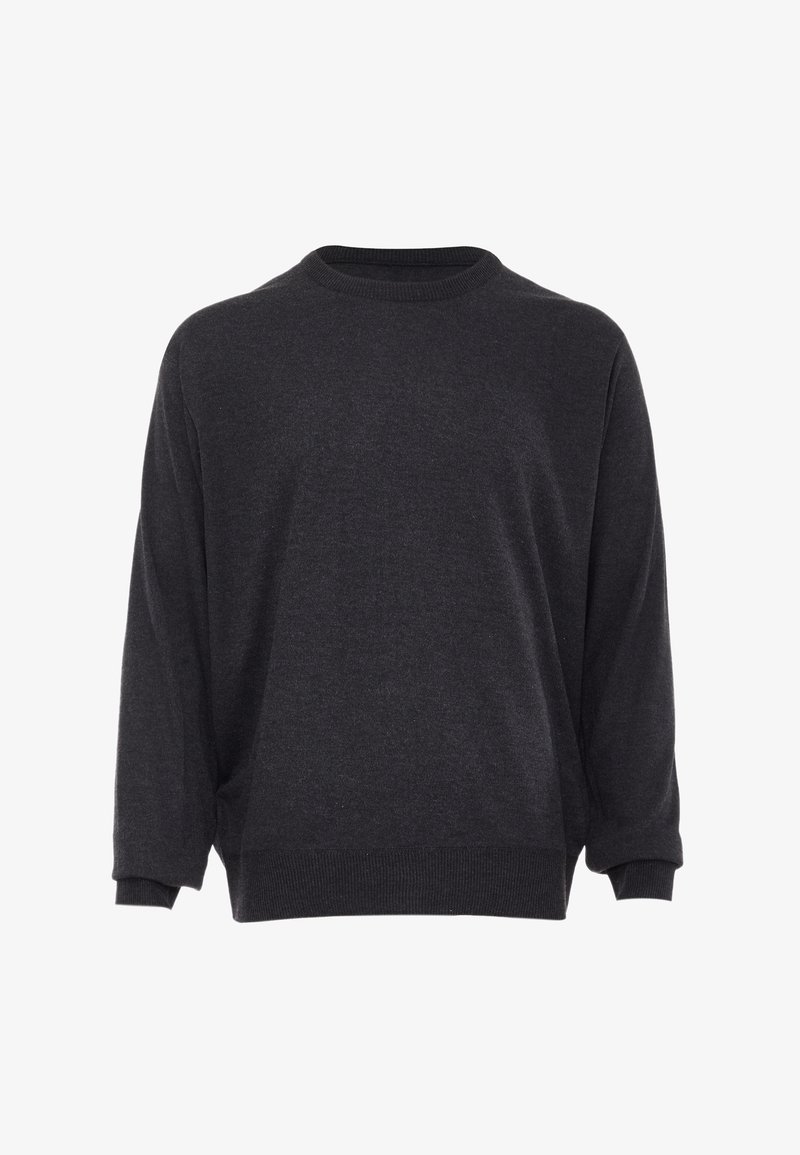 Dunkelgrauer, oversized Pullover aus weichem Stoff, mit Rundhalsausschnitt, langen Ärmeln sowie gerippten Bündchen und Saum.