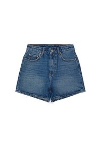 Denim shorts in medium blue with a high waistband, five-pocket design, button and zip closure, and frayed hem.