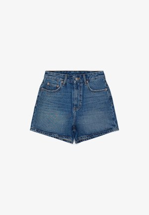 Denim shorts in medium blue with a high waistband, five-pocket design, button and zip closure, and frayed hem.
