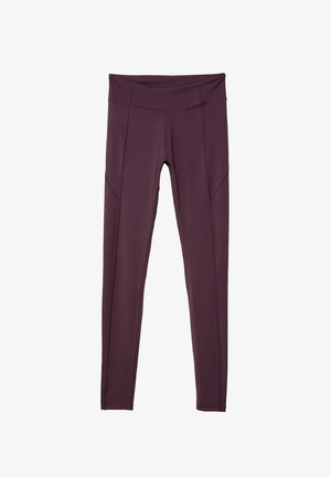 Auberginefarvede leggings med en glat tekstur, høj talje og sømdetaljer på siderne for ekstra designinteresse.