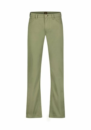 Pantaloni verde oliva a gamba dritta realizzati in tessuto misto cotone. Presentano cinque tasche, una chiusura con zip e un bottone singolo. Tessuto liscio.