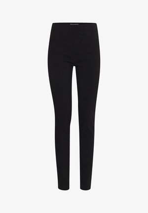 Schwarze Slim-Fit-Hochbundhose mit glattem Vorderteil, Seitentaschen und zulaufenden Beinen, auf weißem Hintergrund dargestellt.