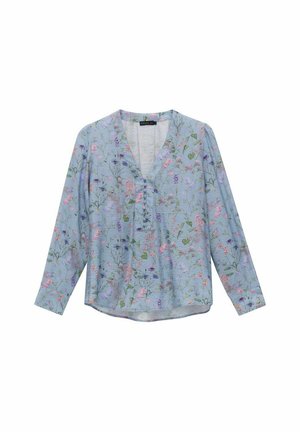 Ljusblå långärmad blus med ett blommönster i rosa, lila och grönt. V-ringning med knapppdetaljer och avslappnad passform.