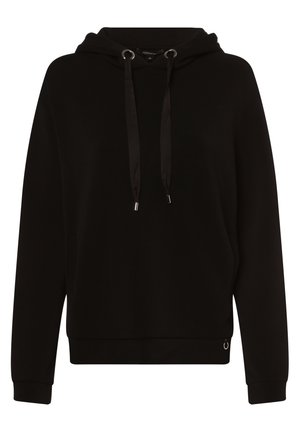 Czarna bluza z kapturem z długim rękawem, sznurkami, prążkowanymi mankietami i dołem oraz małym metalowym pierścieniem przy dolnym brzegu z przodu.
