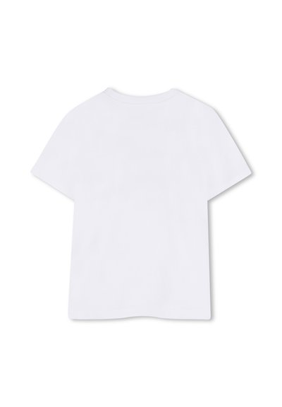 Απλό λευκό κοντομάνικο t-shirt με στρογγυλή λαιμόκοψη, απλωμένο, που δείχνει την πίσω πλευρά χωρίς ορατά λογότυπα ή σχέδια.