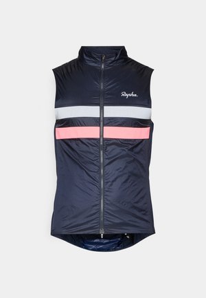 Jūras spēku velosipēdu veste ar augstu apkakli, pilnu rāvējslēdzēju, atstarojošām sudraba un rozā svītrām krūšu daļā un izliektu apakšu.