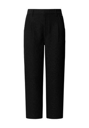 Pantalones negros a medida con sutil patrón de jacquard floral, piernas rectas, trabillas para cinturón y bolsillos laterales.