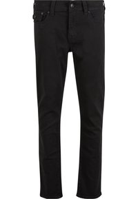 Jeans din denim negru cu o croială slim, design cu cinci buzunare și închidere cu nasture. Prezintă o textură netedă și cusături rezistente.
