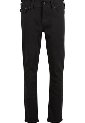 Black denim jeans with a slim fit, five-pocket design, and button closure. Features a smooth texture and sturdy stitching.