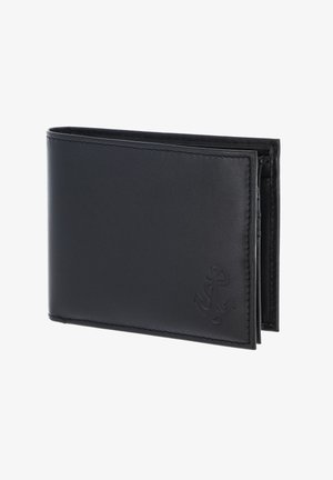 Black bi-fold leather wallet with stitched edges and an embossed anchor symbol on the lower right corner.