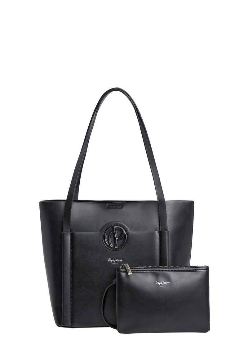 Borsa a tote in pelle nera con due manici robusti, dettaglio logo embossato sulla parte frontale e una pochette coordinata staccabile. Texture liscia.