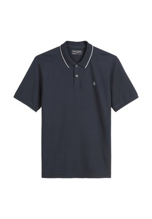 Marineblauwe polo shirt met een kraag, korte mouwen en witte accenten. Voorzien van een geborduurd logo op de borst. Gemaakt van zachte stof.