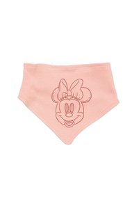 Bavaglino per bambino di colore rosa con una semplice illustrazione a linea di una faccia di topo cartone animato sorridente con un fiocco sulla testa.