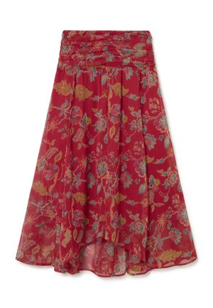 Falda roja asimétrica con estampado floral en amarillo, azul y rosa, con cinturilla fruncida y tela fluida.