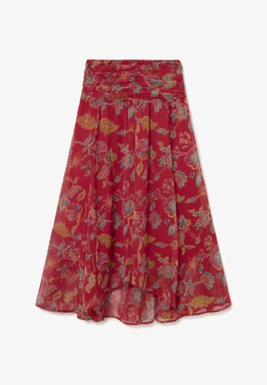 Falda roja asimétrica con estampado floral en amarillo, azul y rosa, con cinturilla fruncida y tela fluida.