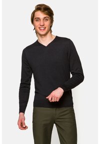 Czarny sweter z dekoltem w serek, wykonany z miękkiego materiału, z długimi rękawami i ściągaczami przy mankietach, zestawiony z oliwkowymi spodniami.