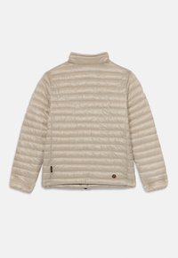Beige puffer jacket featuring a quilted design, high collar, long sleeves, and a logo accent near the hem. Soft, smooth texture.