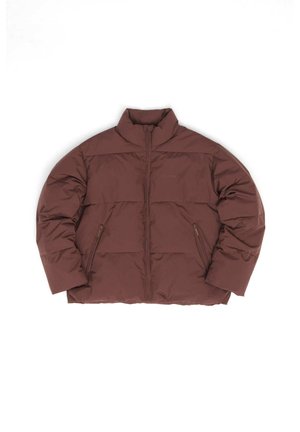 Brown puffer jacket with a stand-up collar, zip front, and two side pockets. Features quilted design and smooth texture.