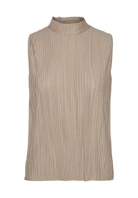 Beżowy bezrękawnik o wysokim dekolcie, z fakturowanym, plisowanym wzorem. Gładki materiał o subtelnej połysku, dopasowany fason.