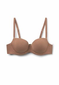 Beige gewatteerde beha met verstelbare bandjes, sluiting aan de voorkant met haak, een gladde textuur en naaddetails op de cups en band.