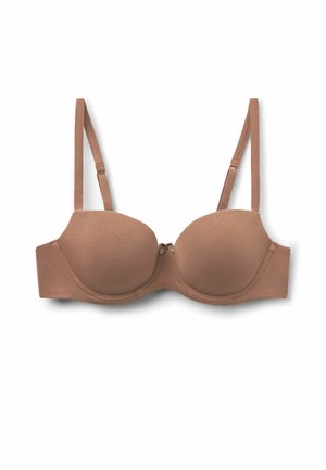 Beige polstret bh med justerbare stropper, lukning foran i midten med hægte, glat tekstur og sømdetaljer på skåle og bånd.