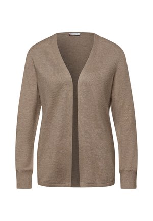 Cardigan beige aperto sul davanti, lavorato a maglia con maniche lunghe e polsini a costine, mostrato su sfondo bianco.