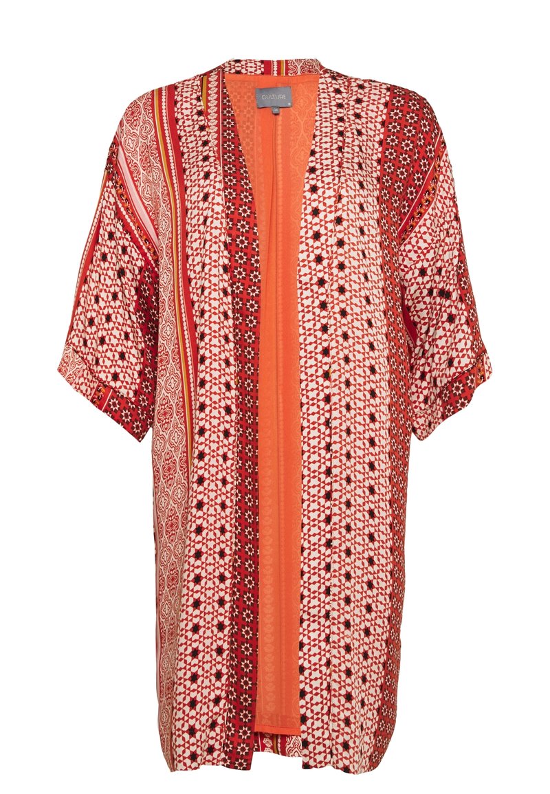 Czerwono-biała kimono z otwartym przodem, krótkimi rękawami, różnorodnymi geometrycznymi wzorami i jednolitym pomarańczowym wnętrzem. Lekki materiał.