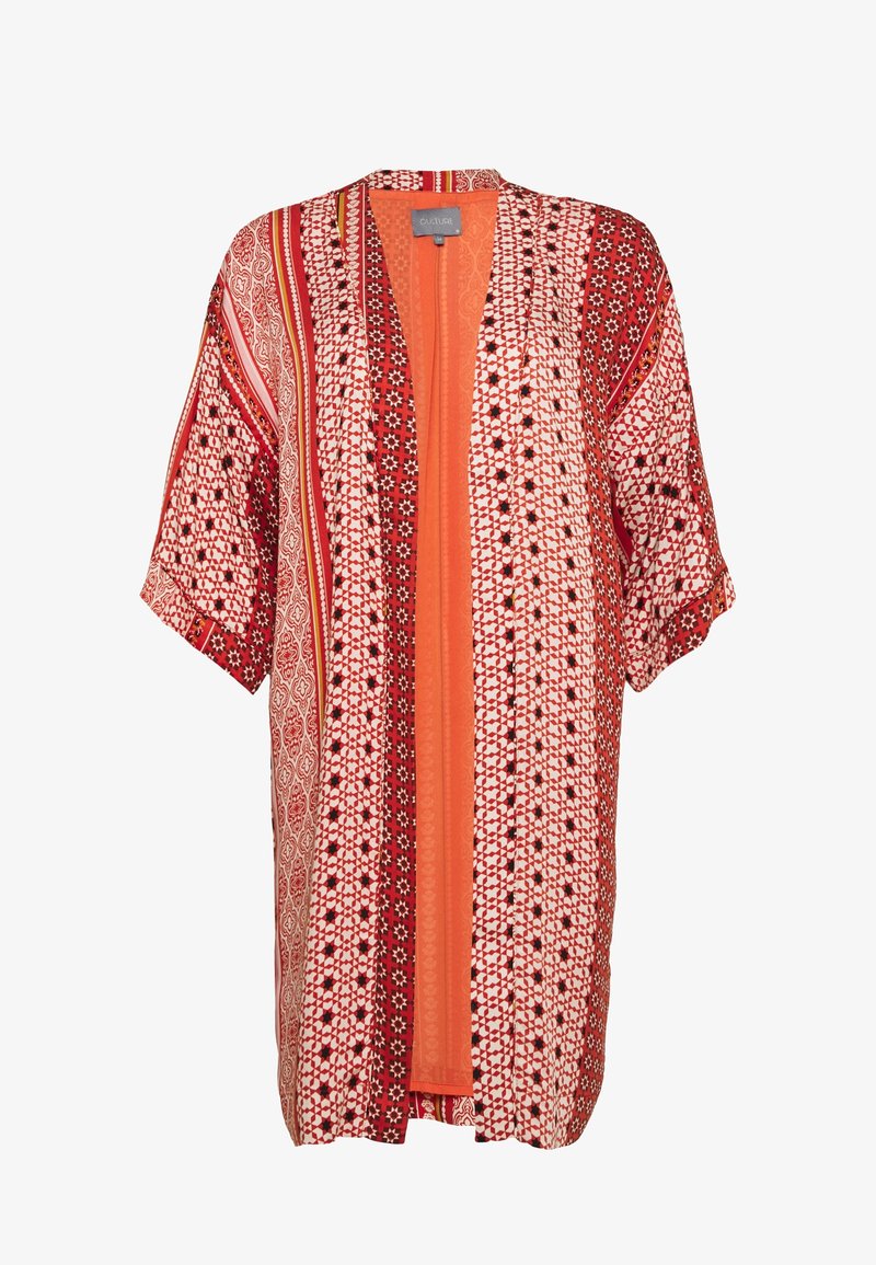 Czerwono-biała kimono z otwartym przodem, krótkimi rękawami, różnorodnymi geometrycznymi wzorami i jednolitym pomarańczowym wnętrzem. Lekki materiał.