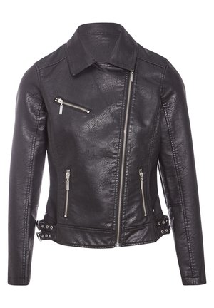 Veste de moto en cuir noir avec fermeture éclair frontale, design asymétrique, poches zippées sur la poitrine et les côtés, et accents en métal.