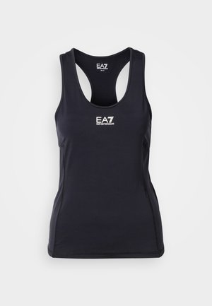 Débardeur de sport noir sans manches avec un dos nageur et un logo EA7 Emporio Armani blanc au centre devant et à l'intérieur du col.