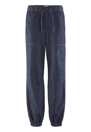 Donkerblauwe denim joggingbroek met elastische tailleband, trekkoord, voorzakken met klep en elastische boorden bij de enkels.