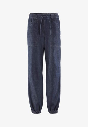 Dunkelblaue Jogginghosen aus Denim mit elastischem Bund, Kordelzug, vorderen aufgesetzten Taschen und elastischen Bündchen an den Knöcheln.