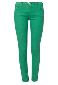 Gröna denim skinny jeans med en slät yta, fem fickor och dragkedja. Har en liten logotyp på bakfickan och en figurnära passform.