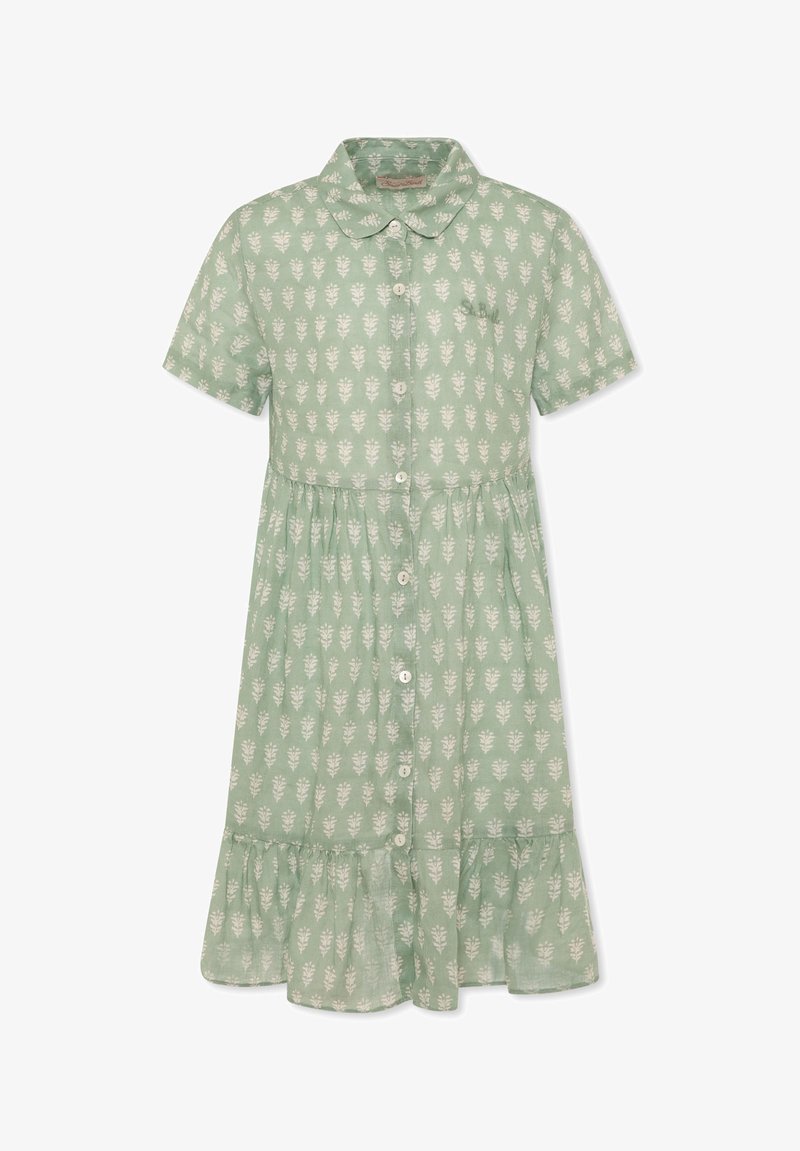 Robe verte menthe à manches courtes avec un motif floral, fermeture à boutons sur le devant et un ourlet volanté, fabriquée en tissu léger.