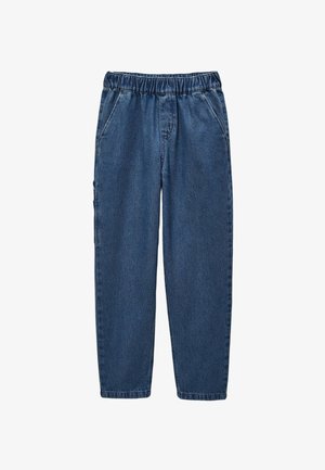 Pantalons en denim avec un lavage bleu foncé, dotés d'une taille élastique, de poches latérales et d'un design à jambes droites. Texture lisse.