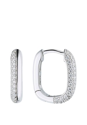 Silver-toned rectangular hoop earrings with pavé-set clear crystals on the front half, showcasing a hinged clasp closure.
