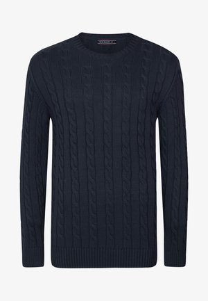 Navy blue cable knit sweater with a round neckline, long sleeves, and ribbed hem and cuffs, showcasing a textured pattern.