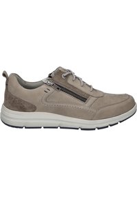 Graue Wildledersneaker mit einer weißen Zwischensohle, ausgestattet mit einem seitlichen Reißverschluss, Schnürsenkeln und durchbrochenen Akzenten an der Ferse. Robuste Gummisohle.