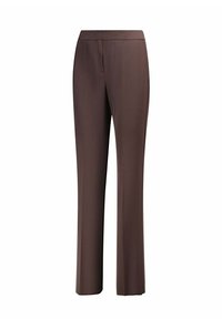 Pantalon marron à jambe droite, fabriqué en tissu lisse. Présente un devant plat, sans poches visibles, et une coupe ajustée.