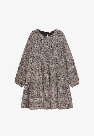 Schwarzes Kleid mit langen Ärmeln, rundem Halsausschnitt, Stufendesign und weißem Blumenmuster. Weicher Stoff mit leichter Textur.