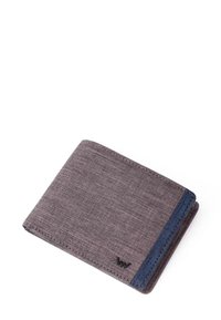 Gray fabric wallet with a textured surface and blue accent stripe, featuring a small logo at the bottom. Bi-fold design for card and cash storage.