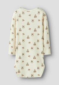 Bodysuit pour bébé à manches longues en tissu côtelé crème doux, avec un motif répété d'ours et de chapeaux rayés dans des couleurs douces.