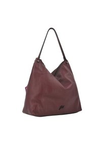 Borsa hobo in pelle marrone scuro con una silhouette morbida, chiusura con zip e una texture liscia. Presenta un logo su un lato.