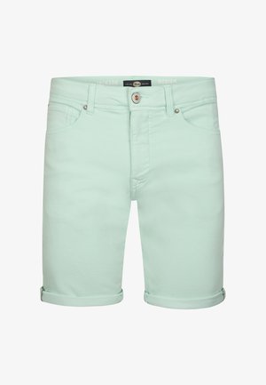 Pantaloncini in denim verde menta chiaro con risvolti, chiusura con bottoni e tasche frontali.