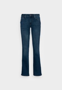 Vaqueros de campana de color azul oscuro, hechos de mezclilla, con cierre de botón, cinturas para cinturón y un ligero desgastado. Textura suave con detalles de costura.