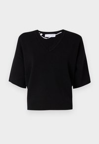 Suéter negro de manga corta con diseño de escote en V y dobladillo acanalado, elaborado con un material de punto suave que ofrece un ajuste relajado.