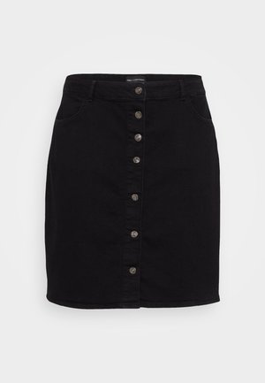 Black denim skirt featuring a high waist, front button closure, two side pockets, and a straight cut design. Smooth texture with no patterns.