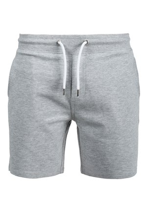 Lysegrå bomuldsshorts med elastisk talje og hvid snøre, for- og sidelommer, afslappet stil.